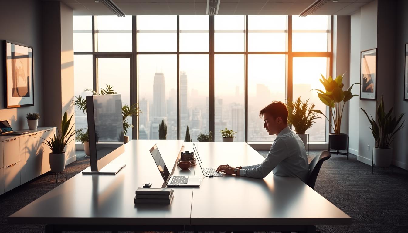 A well-lit, modern office interior with a sleek, minimalist desk and computer setup. In the foreground, a person sits at the desk, using a laptop and navigating an online job application platform. The middle ground features clean, professional decor like potted plants and framed artwork on the walls. The background showcases large windows overlooking a cityscape, with soft, warm lighting filtering in. The overall scene conveys a sense of efficiency, focus, and the ease of applying for opportunities online.