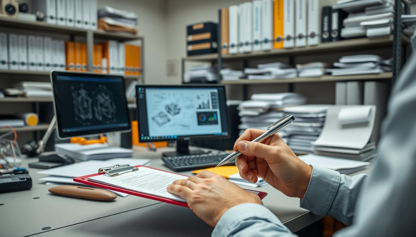 A well-lit, technical office setting with a desk, computer, and various engineering tools and documents. In the foreground, a pair of hands holding a clipboard and pen, focused on taking notes. On the desk, a laptop displaying technical diagrams and schematics. The background features shelves filled with reference materials and technical manuals, creating an atmosphere of professional, hands-on preparation for technical assessments.